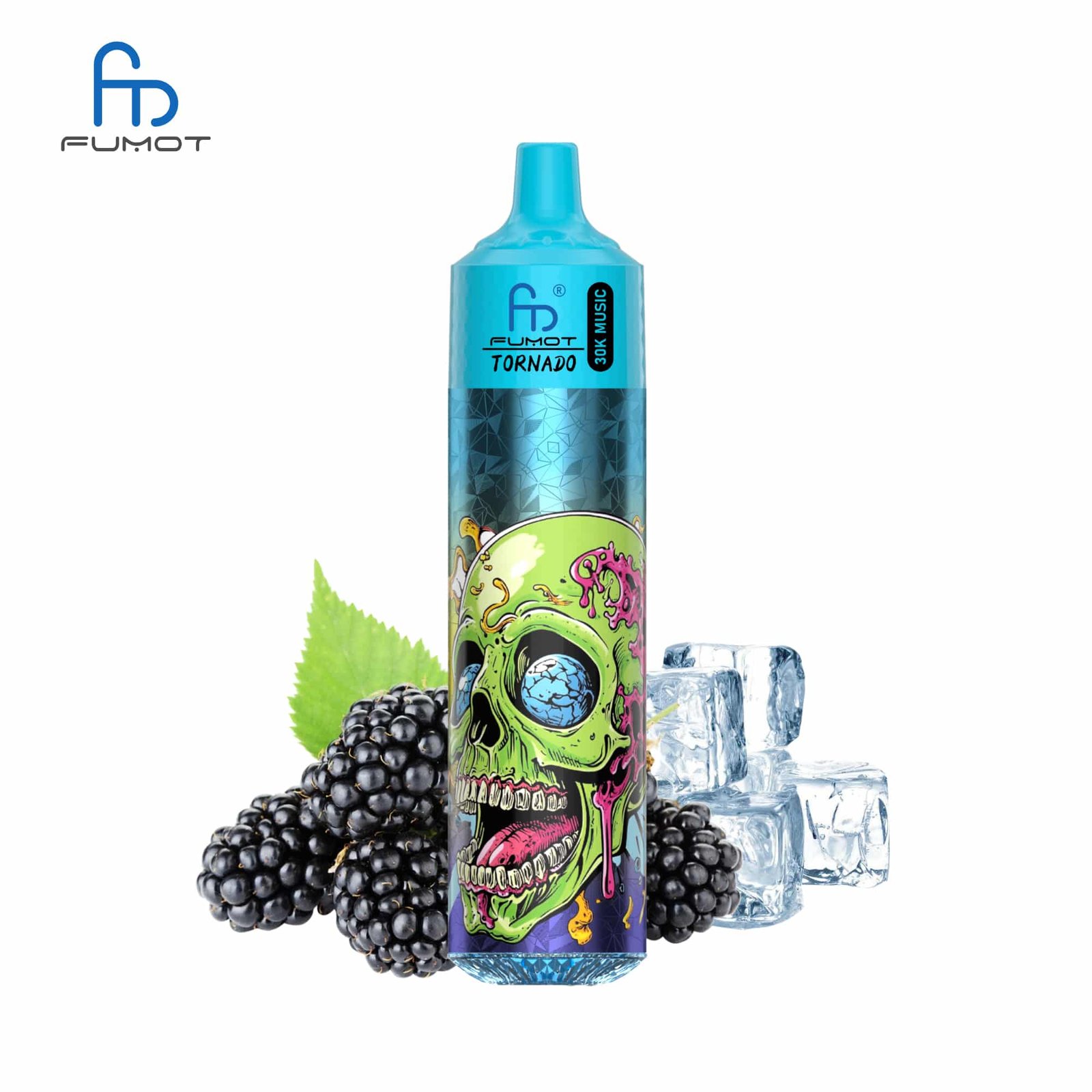 sleek-vape-RandM-Tornado-30000-Puffs-Black-lce.jpg Skull vape design with berries and ice cubes.