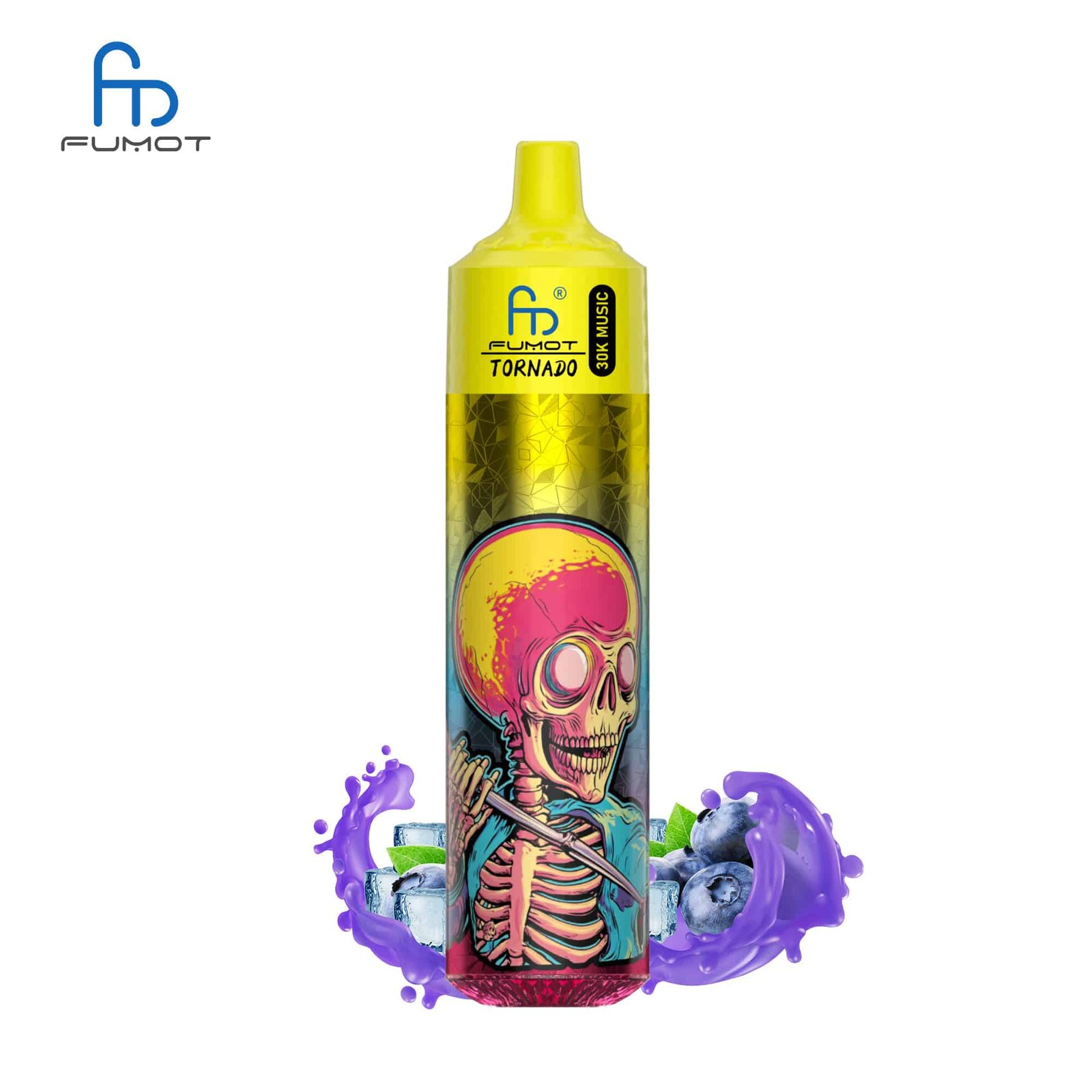 sleek-vape-RandM-Tornado-30000-Puffs-Blueberry-On-lce.jpg Colorful vape with skull design and fruit splash.