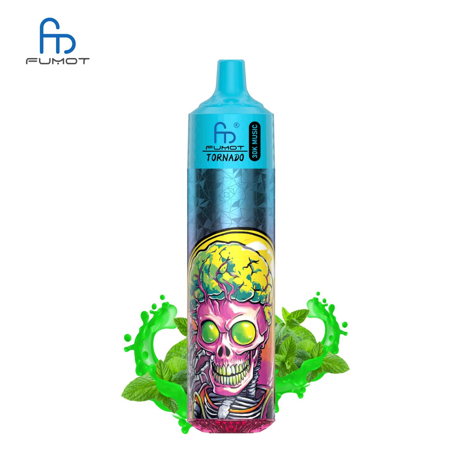 sleek-vape-RandM-Tornado-30000-Puffs-Cool-Mint.jpg Fumot Tornado vape with colorful skull design.