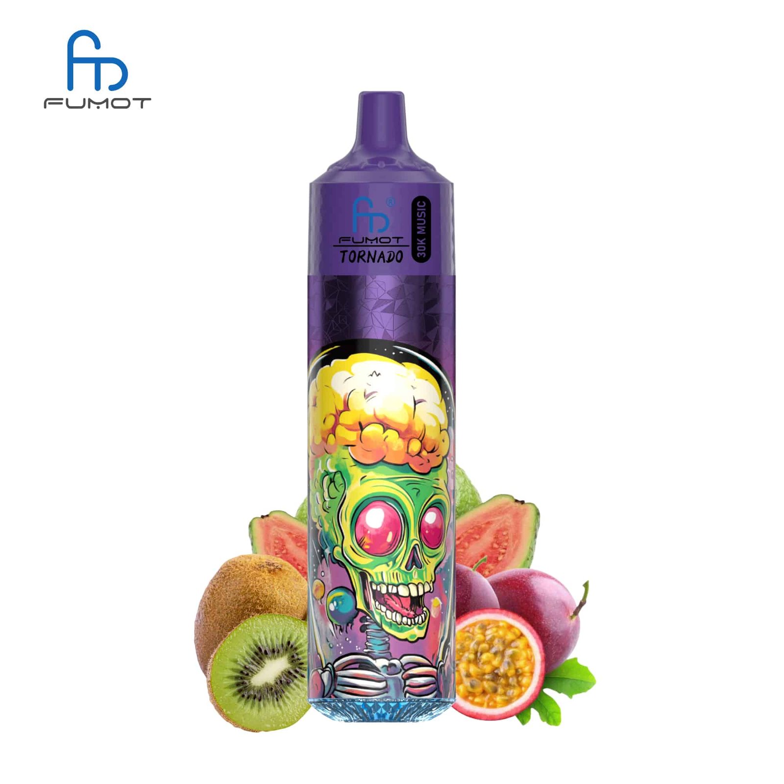 sleek-vape-RandM-Tornado-30000-Puffs-Kiwi-Passion-Fruit-Guava.jpg Fruit-flavored vaping device with skull design.