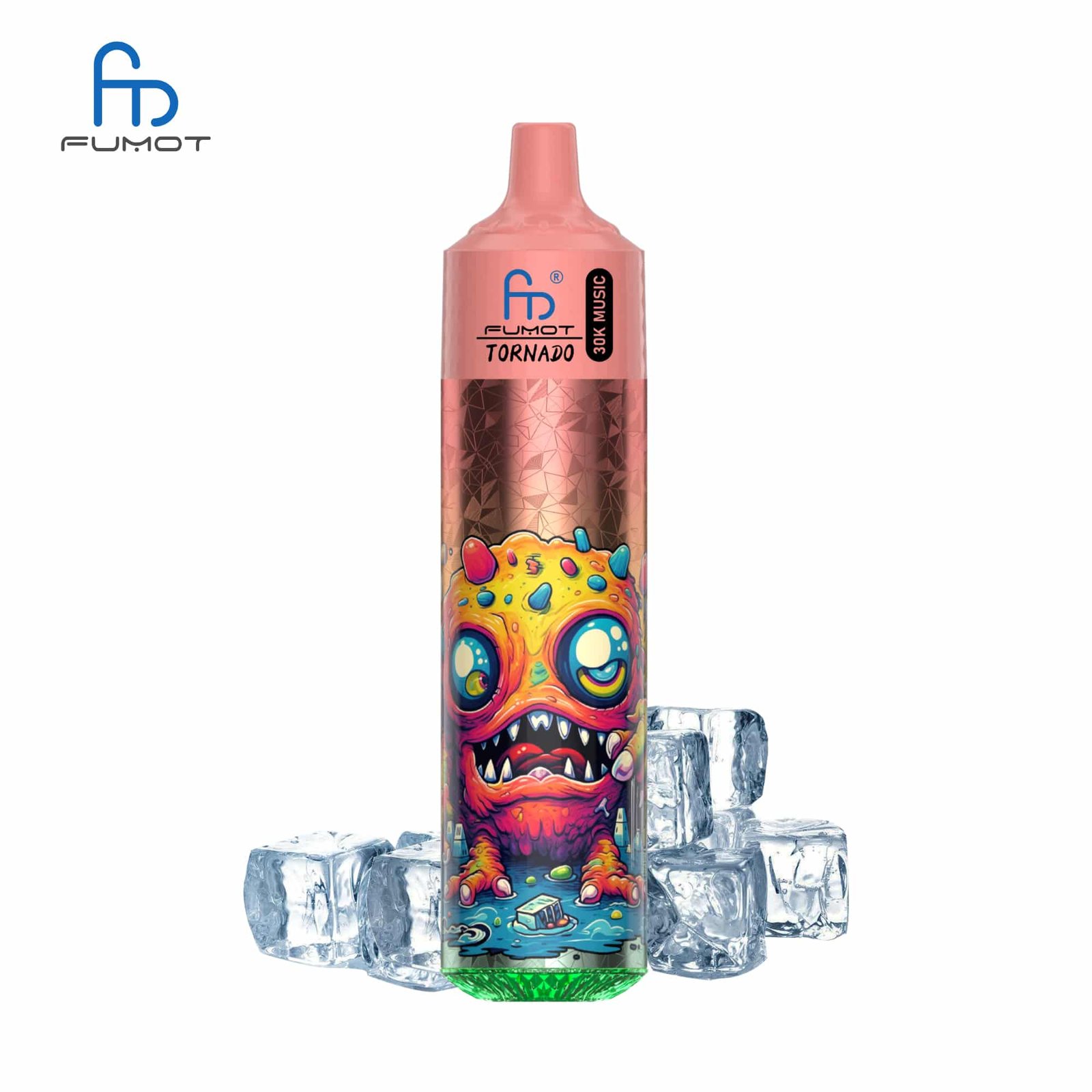 sleek-vape-RandM-Tornado-30000-Puffs-Lush-lce.jpg Colorful vape with cartoon monster and ice cubes.