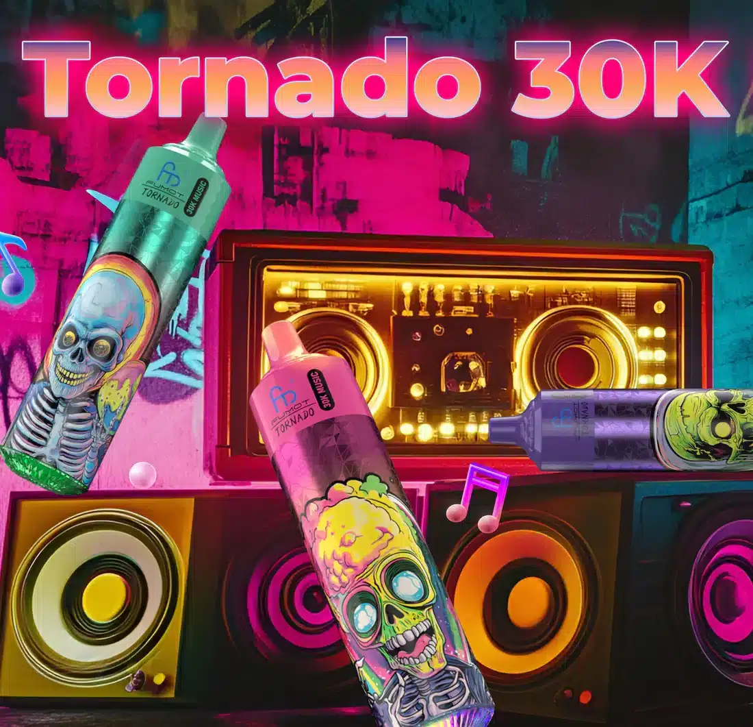 sleek-vape-RandM-Tornado-30000-Puffs-Main-image.webp Tornado 30K vape bottles with urban music theme.