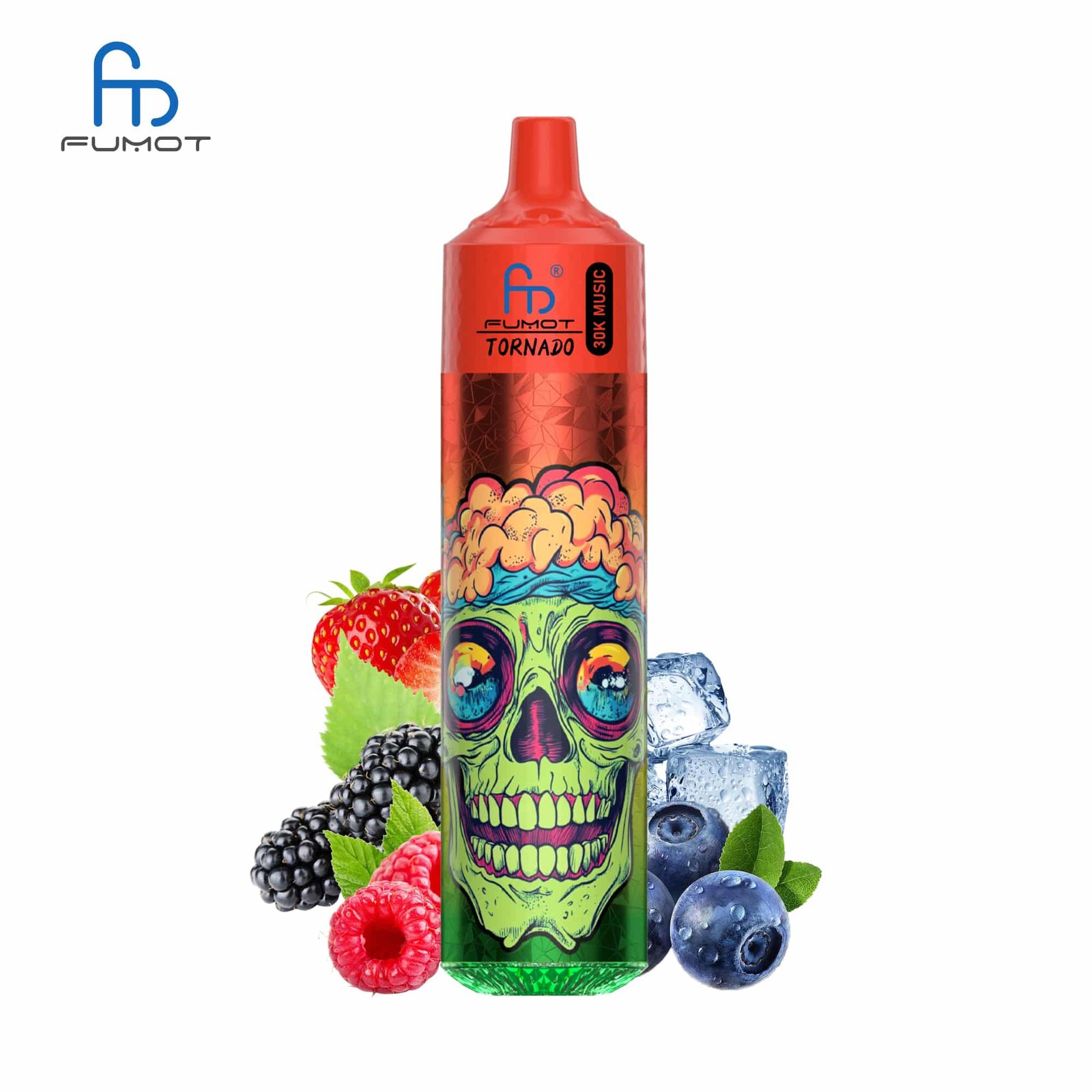 sleek-vape-RandM-Tornado-30000-Puffs-Mixed-Berries.jpg Colorful vape pen with skull design and berries.
