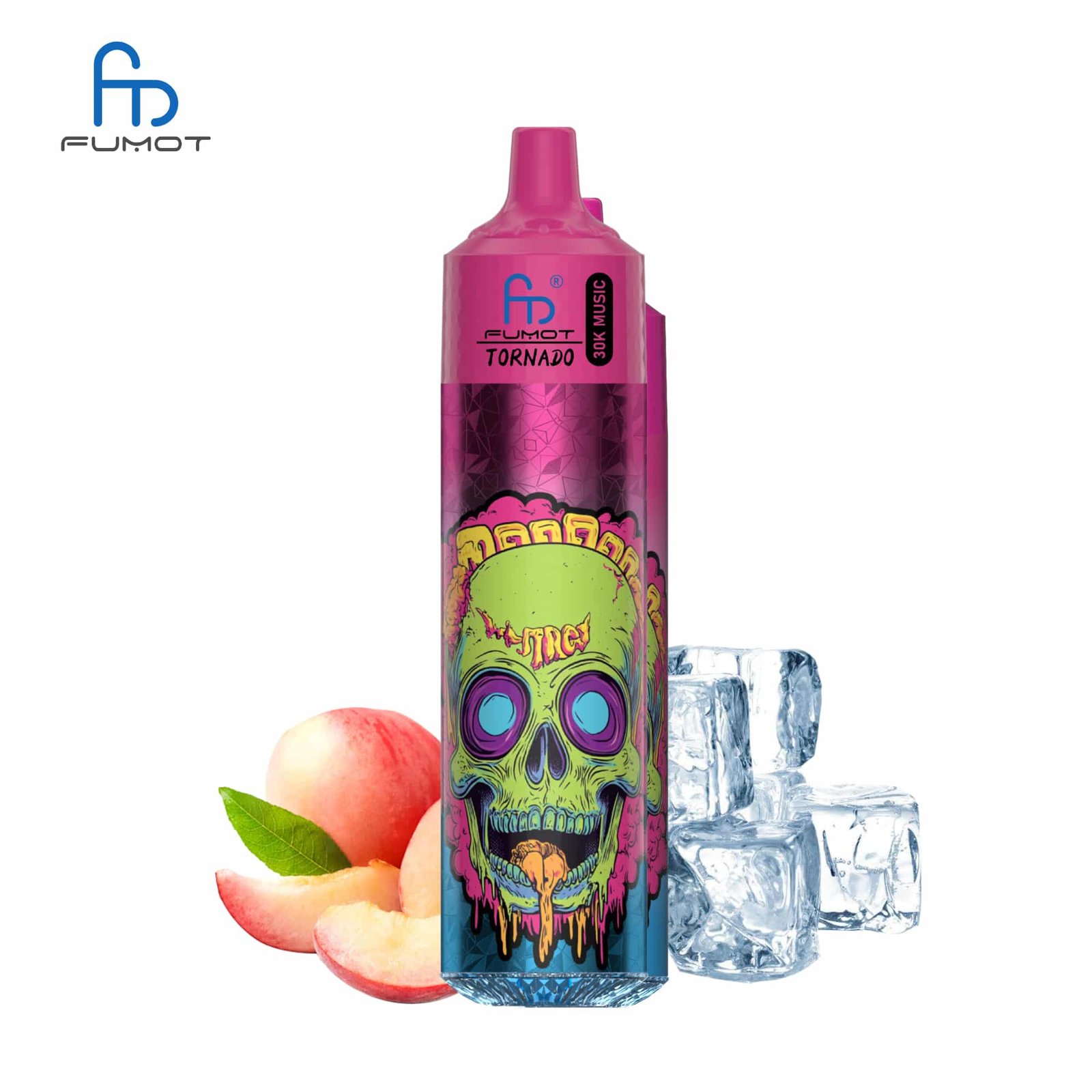sleek-vape-RandM-Tornado-30000-Puffs-Peach-lce.jpg Colorful vape with ice and peach notes.