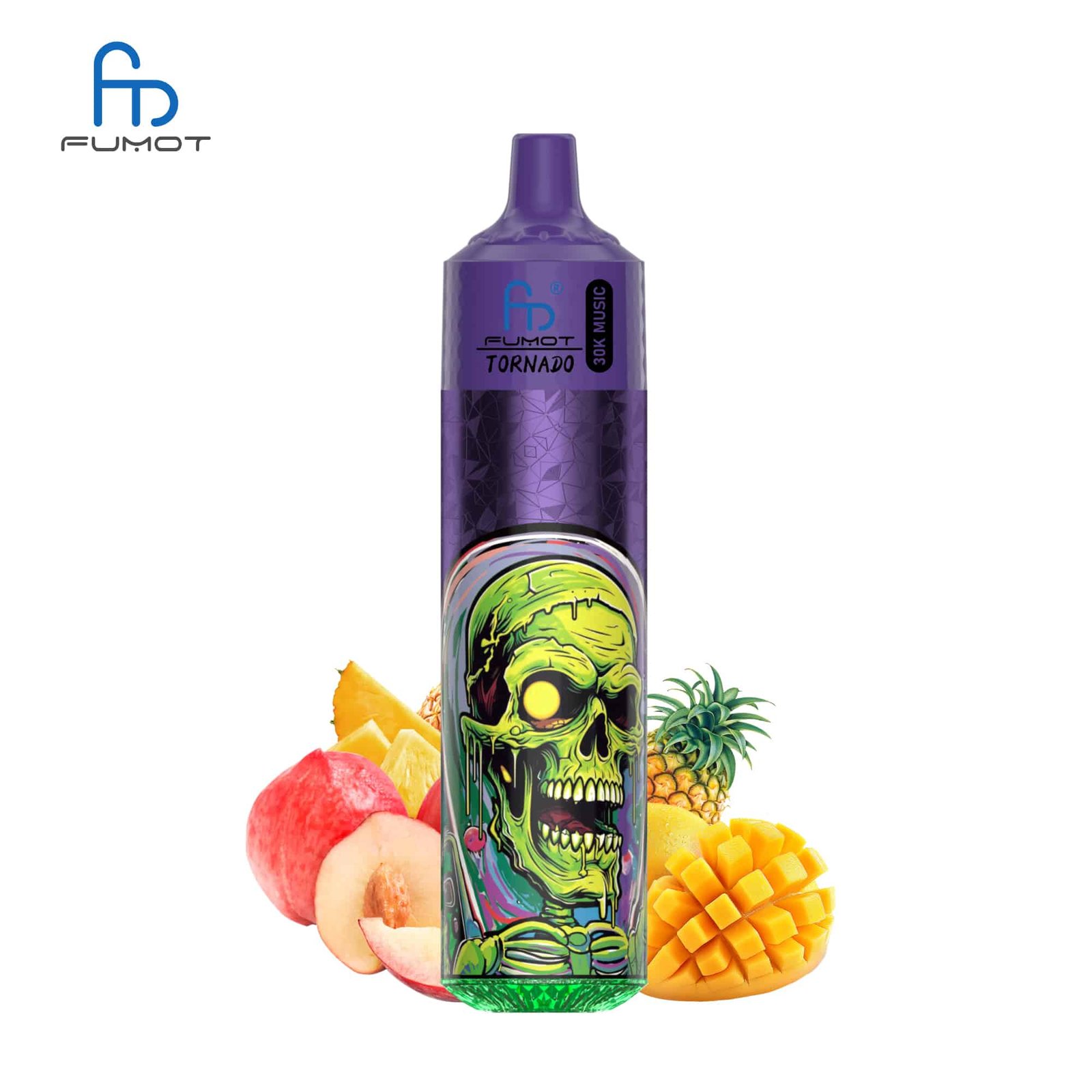 sleek-vape-RandM-Tornado-30000-Puffs-Peachy-Mango-Pineapple.jpg Fumot Tornado vape with fruits and skull design.