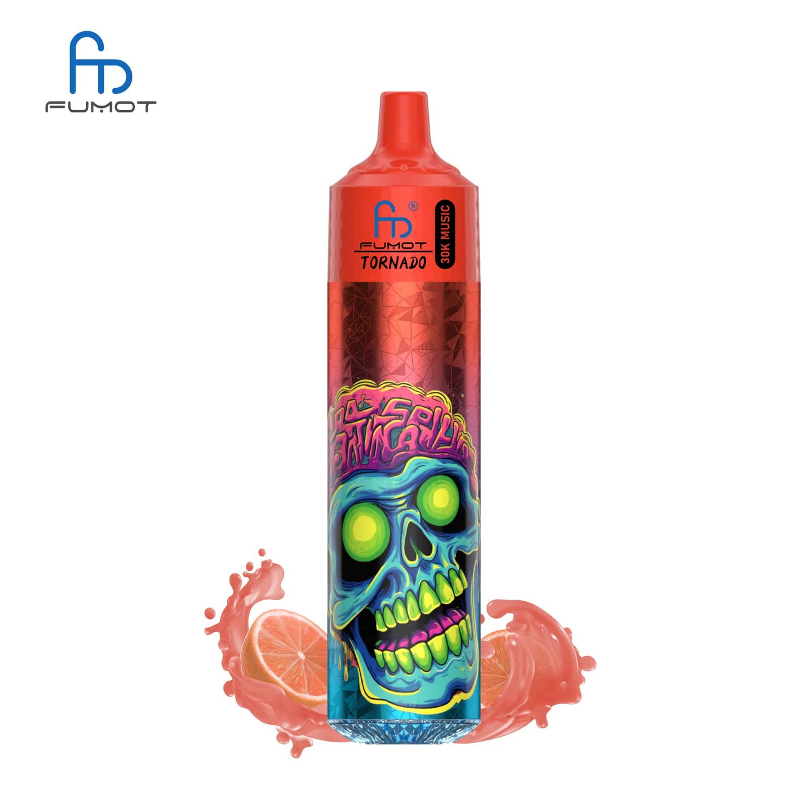 sleek-vape-RandM-Tornado-30000-Puffs-Pink-Lemonade.jpg Colorful vape pen with skull and citrus design.