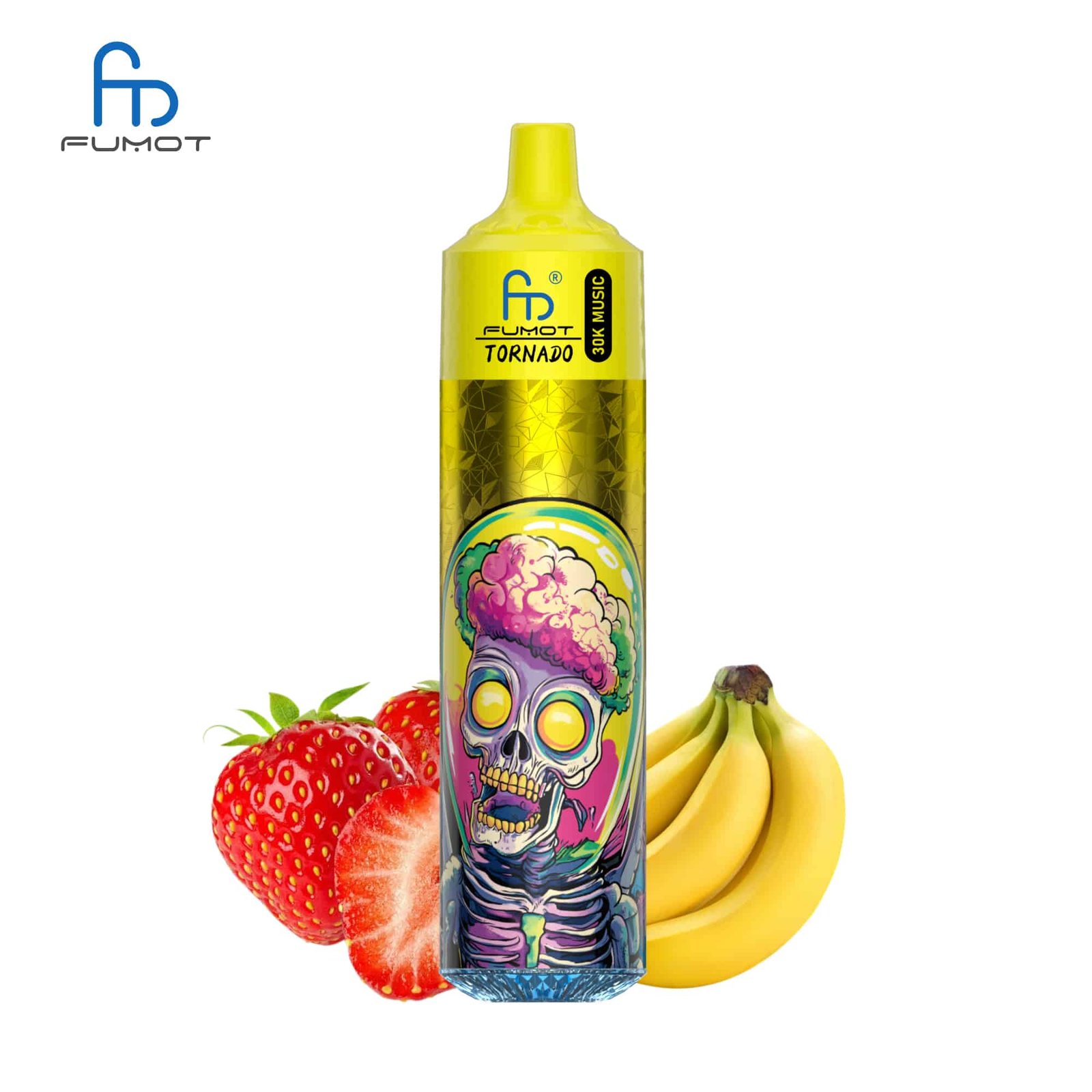 sleek-vape-RandM-Tornado-30000-Puffs-Strawberry-Banana.jpg Fumot Tornado vape with strawberries and bananas.