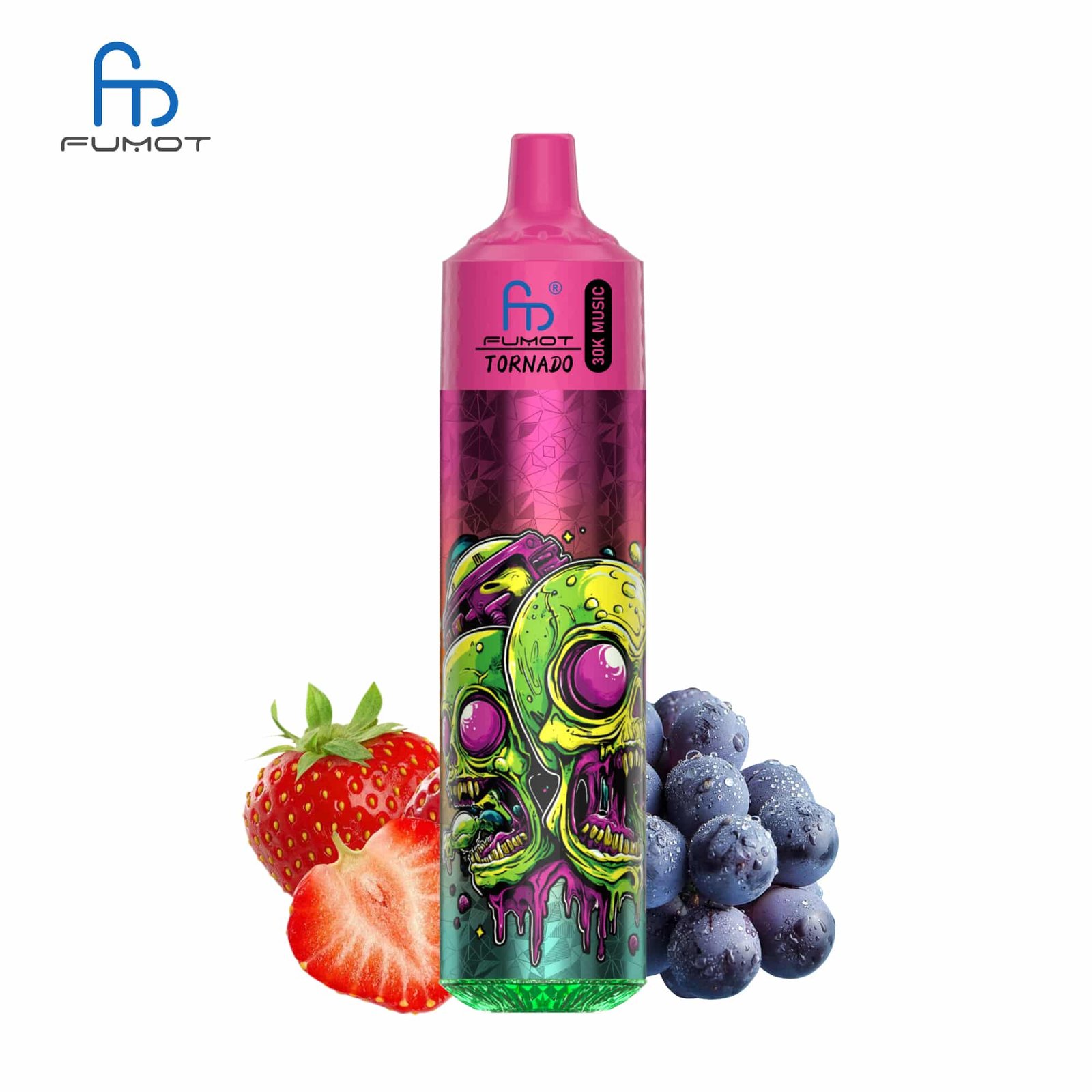 sleek-vape-RandM-Tornado-30000-Puffs-Strawberry-Grape.jpg Fumot vape with colorful skull design and fruits.