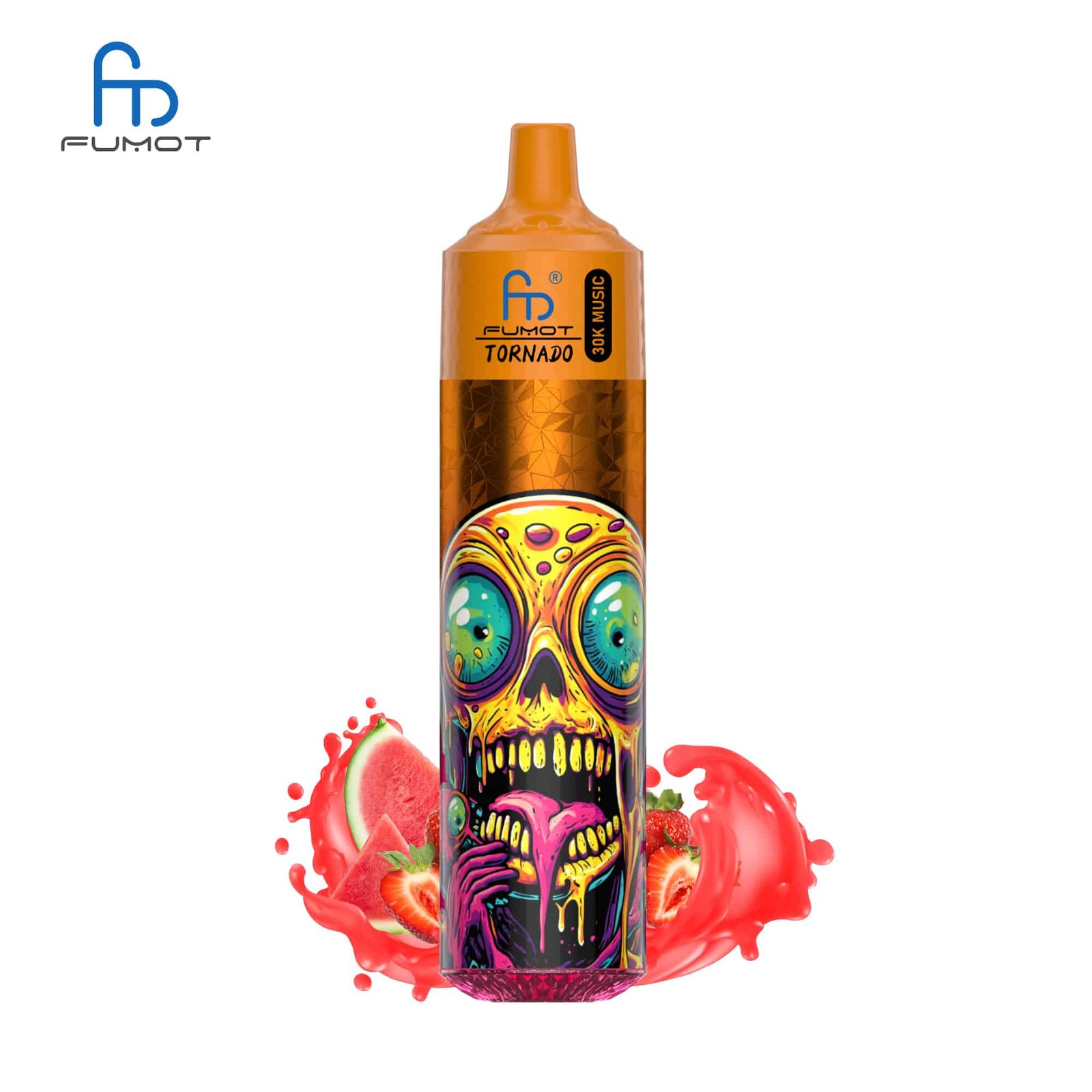 sleek-vape-RandM-Tornado-30000-Puffs-Strawberry-Watermelon.jpg Fumot Tornado vape with colorful design and fruits
