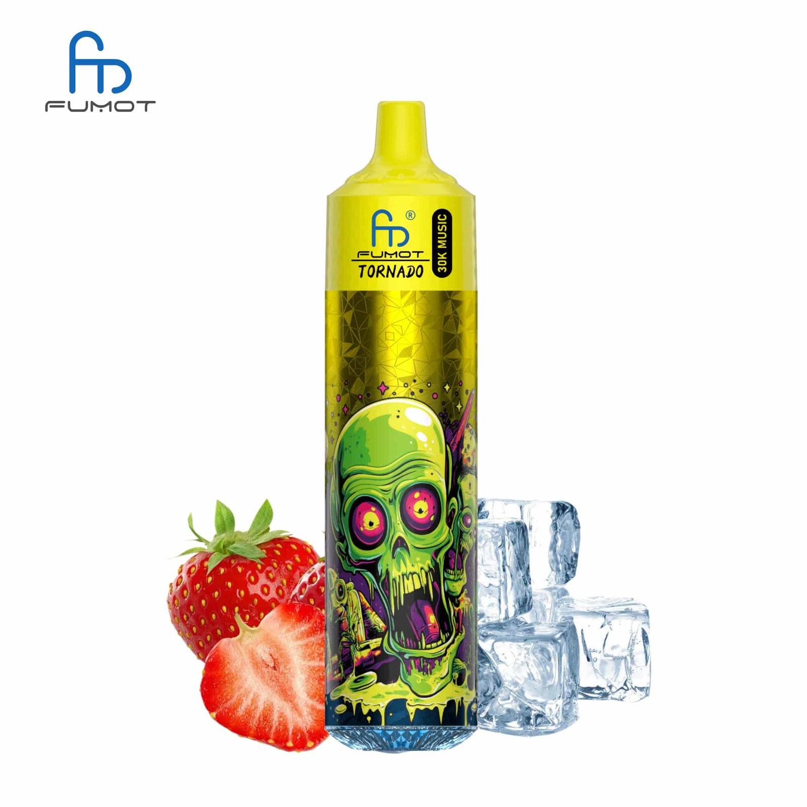 sleek-vape-RandM-Tornado-30000-Puffs-Strawberry-lce.jpg Fumot vape with strawberries and ice.