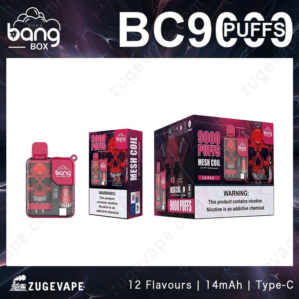 z8Hcn0bj-Bang-box-9000Puffs-2.jpg Bang Box Vape, 9000 puffs, warning label visible.