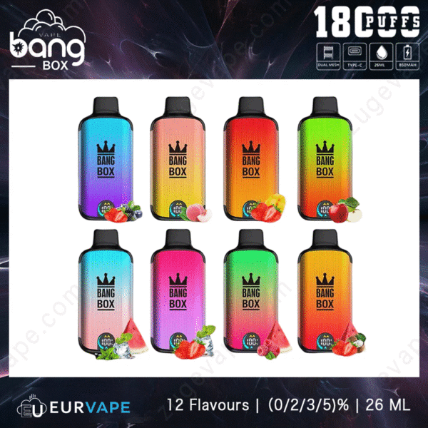 Colorful Bang Box vape flavors variety.