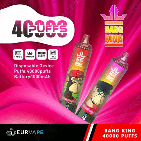 Bang King vape device, 40000 puffs, 1000mAh battery.