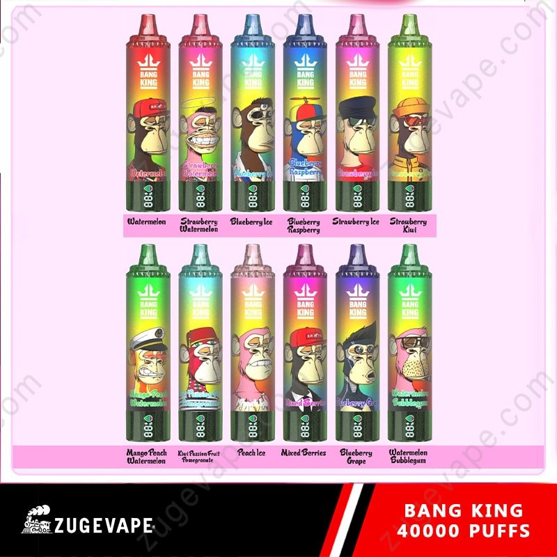 Bang-King-40000-Puffs-Flavors.jpg Colorful Bang King vape pens with fruit flavors.