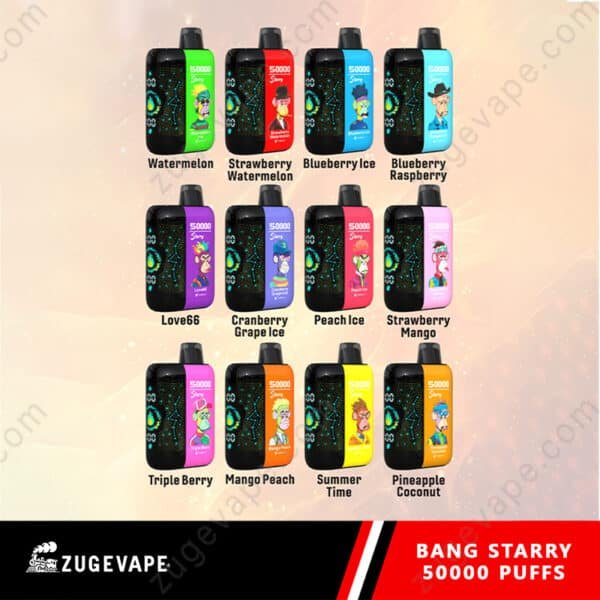 Assorted Bang Starry vape flavors with 50000 puffs.