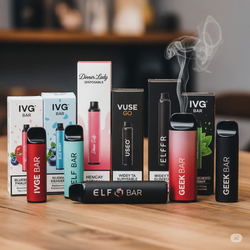 Various branded disposable vape pens on wooden surface.