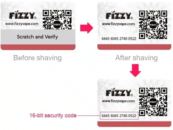 Fizzy verification card with QR code and scratch area.