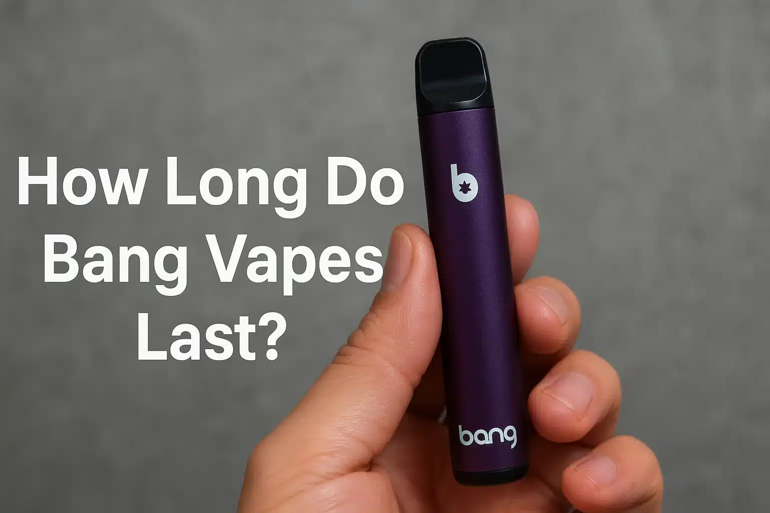 Hand holding a Bang vape pen, purple color.