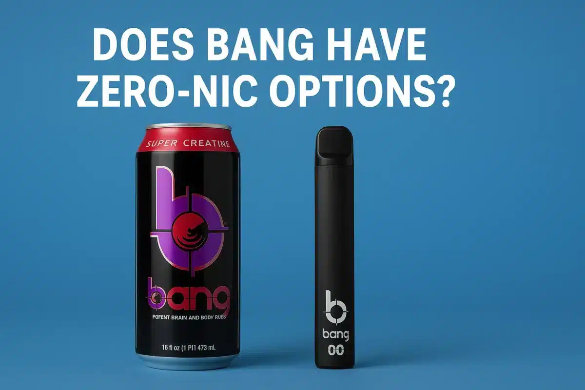 Bang energy can and vape pen against blue background.